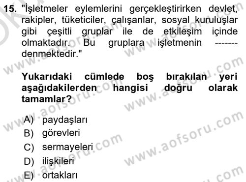 Kurumsal Sosyal Sorumluluk Dersi 2020 - 2021 Yılı Yaz Okulu Sınav Soruları 15. Soru
