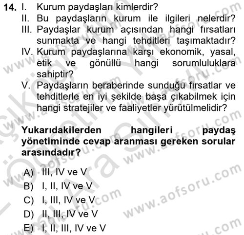 Kurumsal Sosyal Sorumluluk Dersi Ara Sınavı Deneme Sınav Soruları 14. Soru
