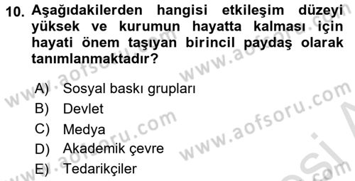 Kurumsal Sosyal Sorumluluk Dersi 2021 - 2022 Yılı Yaz Okulu Sınav Soruları 10. Soru
