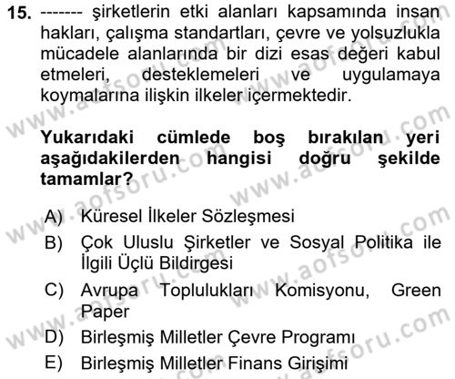 Kurumsal Sosyal Sorumluluk Dersi 2022 - 2023 Yılı Yaz Okulu Sınav Soruları 15. Soru