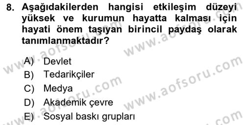 Kurumsal Sosyal Sorumluluk Dersi 2023 - 2024 Yılı (Final) Dönem Sonu Sınav Soruları 8. Soru