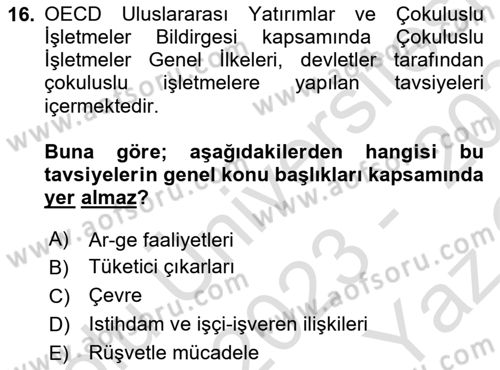 Kurumsal Sosyal Sorumluluk Dersi 2023 - 2024 Yılı Yaz Okulu Sınav Soruları 16. Soru