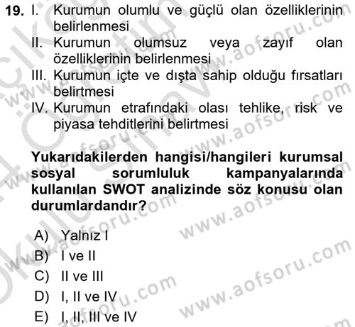 Kurumsal Sosyal Sorumluluk Dersi 2023 - 2024 Yılı Yaz Okulu Sınav Soruları 19. Soru