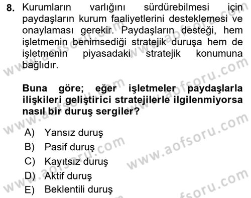 Kurumsal Sosyal Sorumluluk Dersi 2023 - 2024 Yılı Yaz Okulu Sınav Soruları 8. Soru