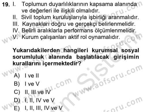Kurumsal Sosyal Sorumluluk Dersi 2024 - 2025 Yılı Yaz Okulu Sınav Soruları 19. Soru