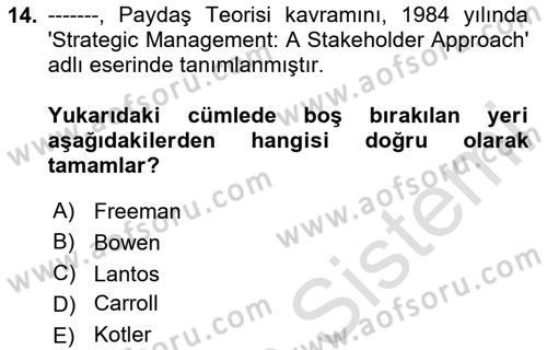 Kurumsal Sosyal Sorumluluk Dersi 2025 - 2026 Yılı (Vize) Ara Sınav Soruları 14. Soru