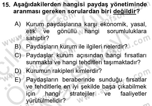 Kurumsal Sosyal Sorumluluk Dersi 2025 - 2026 Yılı (Vize) Ara Sınav Soruları 15. Soru