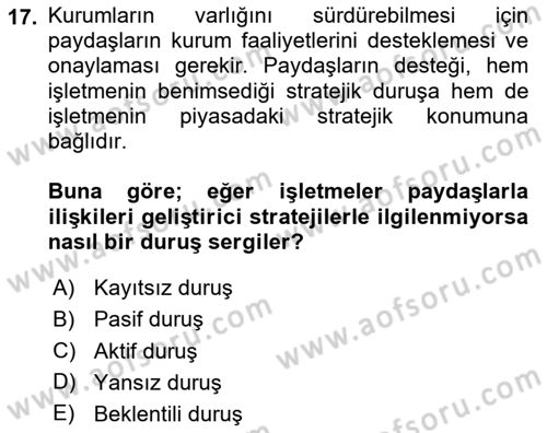 Kurumsal Sosyal Sorumluluk Dersi 2025 - 2026 Yılı (Vize) Ara Sınav Soruları 17. Soru