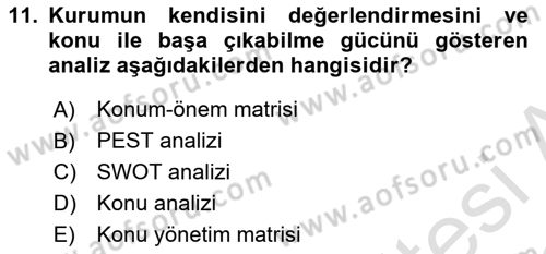 Halkla İlişkilerde Güncel Kavramlar 1 Dersi 2021 - 2022 Yılı (Final) Dönem Sonu Sınav Soruları 11. Soru