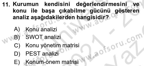 Halkla İlişkilerde Güncel Kavramlar 1 Dersi 2021 - 2022 Yılı Yaz Okulu Sınav Soruları 11. Soru