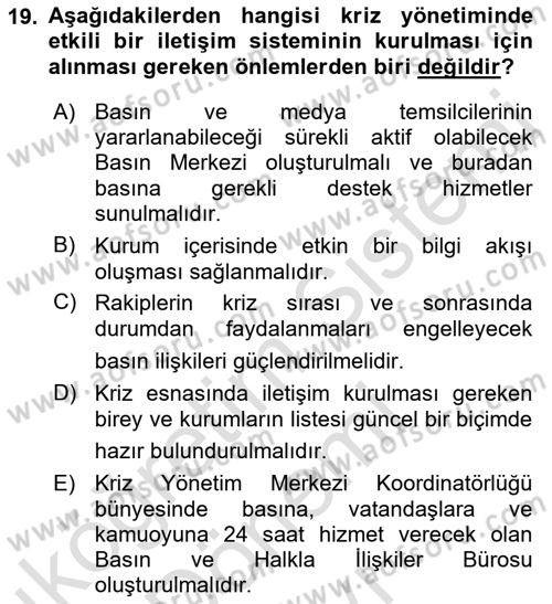 Halkla İlişkilerde Güncel Kavramlar 1 Dersi 2023 - 2024 Yılı (Final) Dönem Sonu Sınav Soruları 19. Soru