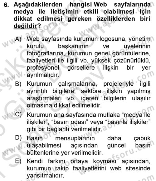 Halkla İlişkilerde Güncel Kavramlar 1 Dersi 2025 - 2026 Yılı (Final) Dönem Sonu Sınav Soruları 6. Soru