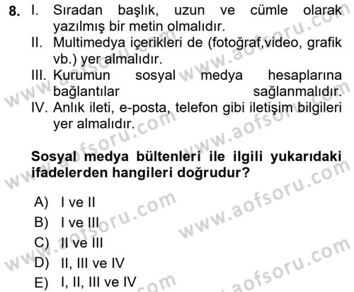 Halkla İlişkilerde Güncel Kavramlar 2 Dersi 2021 - 2022 Yılı Yaz Okulu Sınav Soruları 8. Soru
