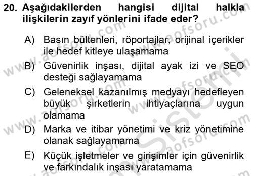 Halkla İlişkilerde Güncel Kavramlar 2 Dersi 2025 - 2026 Yılı (Vize) Ara Sınav Soruları 20. Soru