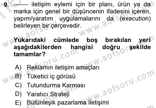 Reklamda Yaratıcılık Dersi 2021 - 2022 Yılı (Vize) Ara Sınav Soruları 9. Soru