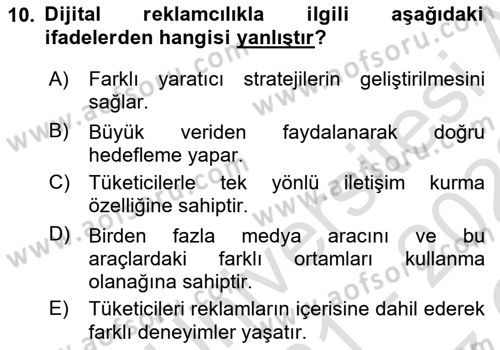 Reklamda Yaratıcılık Dersi 2021 - 2022 Yılı Yaz Okulu Sınav Soruları 10. Soru