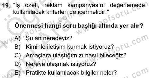 Reklamda Yaratıcılık Dersi 2023 - 2024 Yılı (Vize) Ara Sınav Soruları 19. Soru