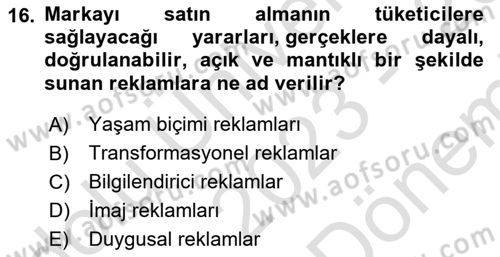 Reklamda Yaratıcılık Dersi 2023 - 2024 Yılı (Final) Dönem Sonu Sınav Soruları 16. Soru