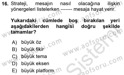 Reklamda Yaratıcılık Dersi 2024 - 2025 Yılı (Vize) Ara Sınav Soruları 16. Soru