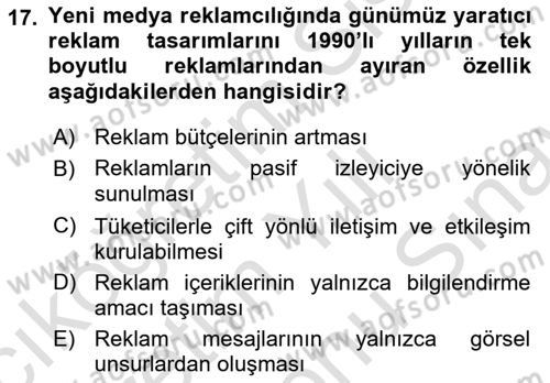 Reklamda Yaratıcılık Dersi 2025 - 2026 Yılı (Final) Dönem Sonu Sınav Soruları 17. Soru