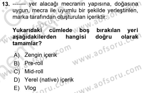 Dijital İçerik Pazarlaması Dersi 2021 - 2022 Yılı (Vize) Ara Sınav Soruları 13. Soru
