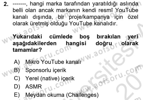 Dijital İçerik Pazarlaması Dersi 2021 - 2022 Yılı (Final) Dönem Sonu Sınav Soruları 2. Soru