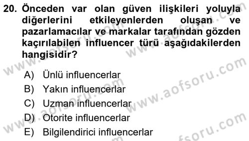 Dijital İçerik Pazarlaması Dersi 2021 - 2022 Yılı (Final) Dönem Sonu Sınav Soruları 20. Soru