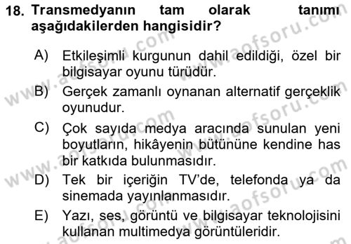 Dijital İçerik Pazarlaması Dersi 2021 - 2022 Yılı Yaz Okulu Sınav Soruları 18. Soru