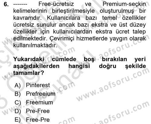 Dijital İçerik Pazarlaması Dersi 2022 - 2023 Yılı Yaz Okulu Sınav Soruları 6. Soru