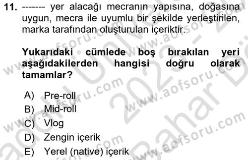 Dijital İçerik Pazarlaması Dersi 2023 - 2024 Yılı (Vize) Ara Sınav Soruları 11. Soru