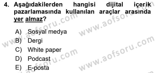 Dijital İçerik Pazarlaması Dersi 2023 - 2024 Yılı Yaz Okulu Sınav Soruları 4. Soru