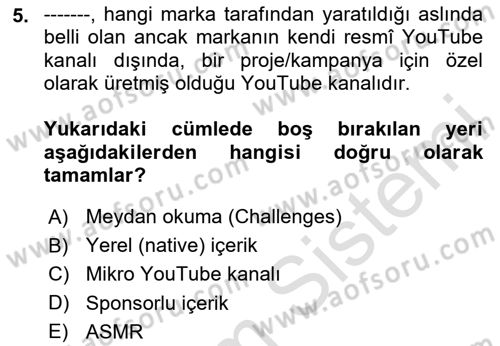 Dijital İçerik Pazarlaması Dersi 2023 - 2024 Yılı Yaz Okulu Sınav Soruları 5. Soru
