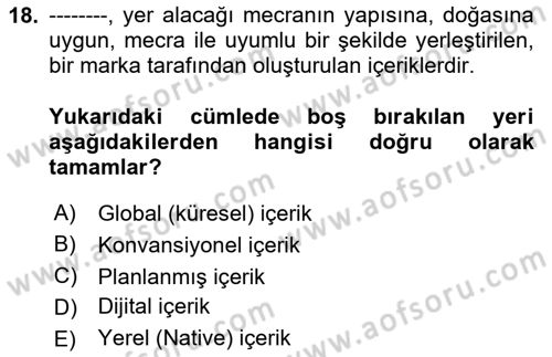 Dijital İçerik Pazarlaması Dersi 2024 - 2025 Yılı (Vize) Ara Sınav Soruları 18. Soru