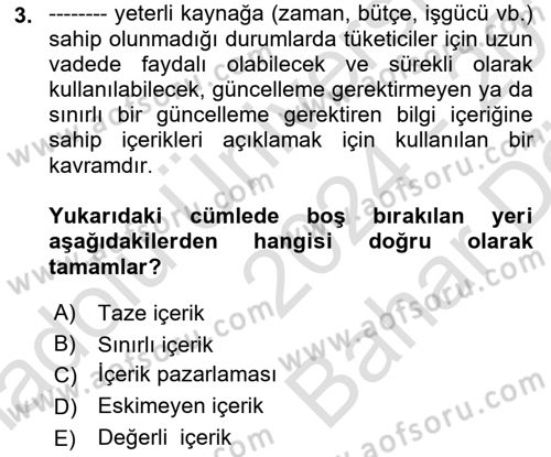 Dijital İçerik Pazarlaması Dersi 2024 - 2025 Yılı (Vize) Ara Sınav Soruları 3. Soru