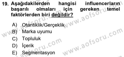 Dijital İçerik Pazarlaması Dersi 2024 - 2025 Yılı (Final) Dönem Sonu Sınav Soruları 19. Soru