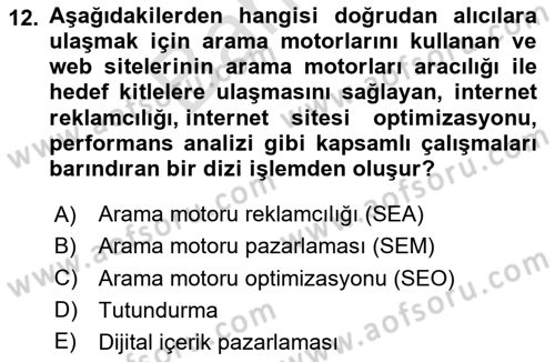 Dijital İçerik Pazarlaması Dersi 2025 - 2026 Yılı (Final) Dönem Sonu Sınav Soruları 12. Soru