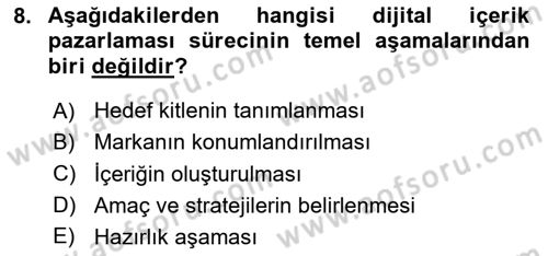 Dijital İçerik Pazarlaması Dersi 2025 - 2026 Yılı Yaz Okulu Sınav Soruları 8. Soru