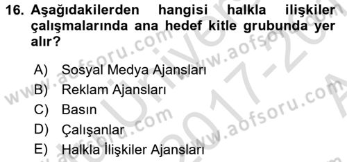 Kurumiçi Halkla İlişkiler Dersi Ara Sınavı Deneme Sınav Soruları 16. Soru