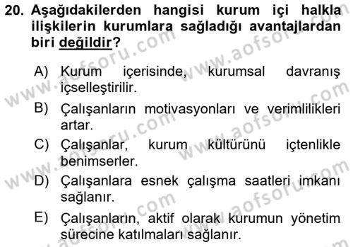 Kurumiçi Halkla İlişkiler Dersi Ara Sınavı Deneme Sınav Soruları 20. Soru