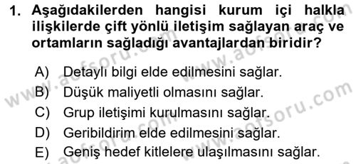 Kurumiçi Halkla İlişkiler Dersi 2018 - 2019 Yılı 3 Ders Sınavı 1. Soru