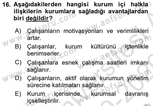 Kurumiçi Halkla İlişkiler Dersi Ara Sınavı Deneme Sınav Soruları 16. Soru