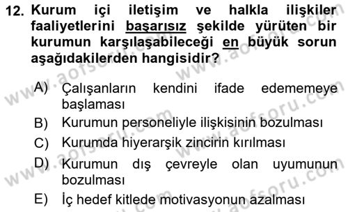 Kurumiçi Halkla İlişkiler Dersi 2020 - 2021 Yılı Yaz Okulu Sınav Soruları 12. Soru