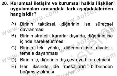 Kurumiçi Halkla İlişkiler Dersi 2020 - 2021 Yılı Yaz Okulu Sınav Soruları 20. Soru