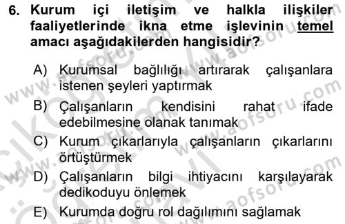 Kurumiçi Halkla İlişkiler Dersi 2020 - 2021 Yılı Yaz Okulu Sınav Soruları 6. Soru