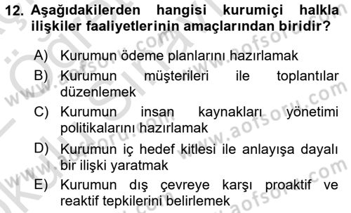 Kurumiçi Halkla İlişkiler Dersi 2021 - 2022 Yılı Yaz Okulu Sınav Soruları 12. Soru