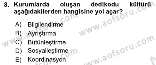Kurumiçi Halkla İlişkiler Dersi 2021 - 2022 Yılı Yaz Okulu Sınav Soruları 8. Soru