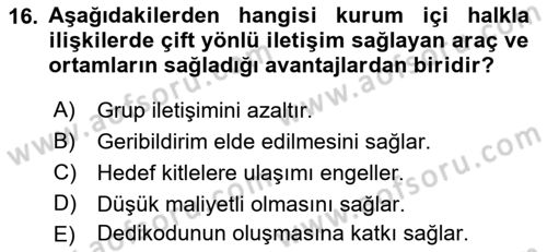 Kurumiçi Halkla İlişkiler Dersi 2022 - 2023 Yılı (Final) Dönem Sonu Sınav Soruları 16. Soru