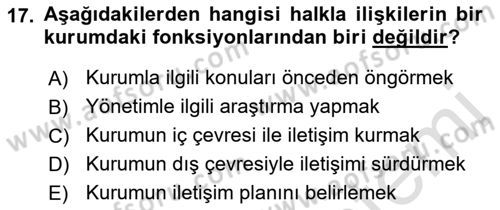 Kurumiçi Halkla İlişkiler Dersi 2022 - 2023 Yılı Yaz Okulu Sınav Soruları 17. Soru