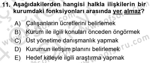 Kurumiçi Halkla İlişkiler Dersi 2023 - 2024 Yılı Yaz Okulu Sınav Soruları 11. Soru