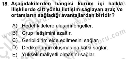 Kurumiçi Halkla İlişkiler Dersi 2023 - 2024 Yılı Yaz Okulu Sınav Soruları 18. Soru